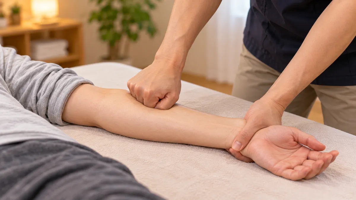 손바닥을 위로 둔 아래팔의 손목을 한 손으로 받치고, 다른 손의 주먹 마디를 아래팔 근육 위에 댄 장면