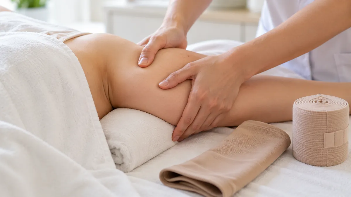 말아 놓은 수건 위에 올린 팔의 위팔을 관리하는 사람이 양손으로 감싸고, 옆에 압박붕대와 압박 슬리브가 놓인 장면